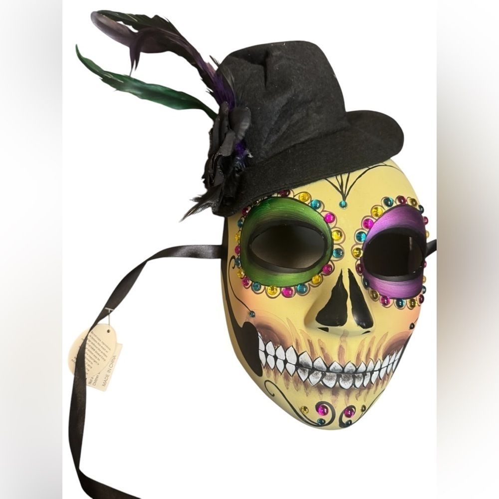 Halloween Day of the Dead Full Face Mask Top Hat Colorful Tie Back Adult